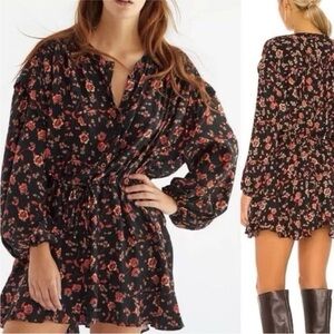 Free People black & orange Floral L/s Mini Dress medium EUC‎ tie waist tunic